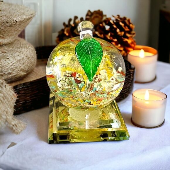 Handblown Apple Paperweight Art Glass Pedestal Multi Colored Bubbles TINY FLAW. - Picture 14 of 16